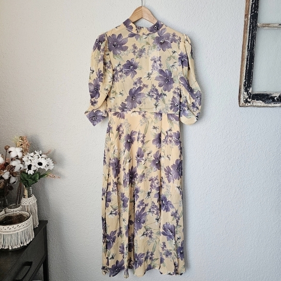 Geegee Dresses Mock Neck Leg Of Mutton Puff Sleeve Yellow Floral Midi Dress S - Picture 2 of 14